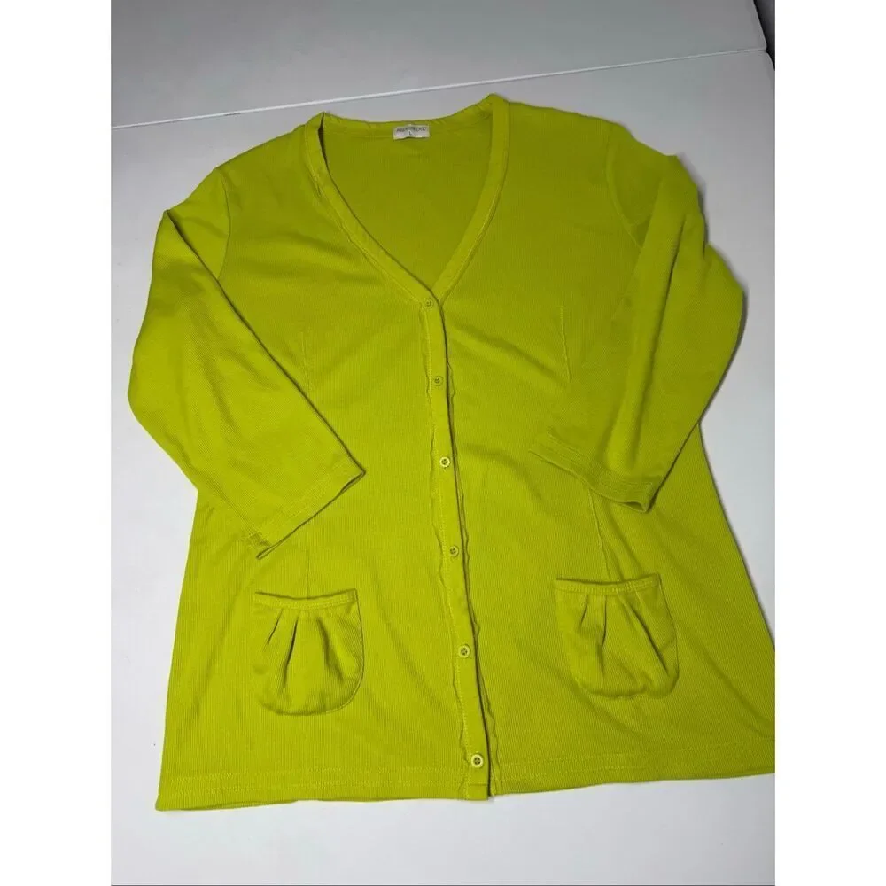 Melrose Chic Women’s Cardigan Size L Neon Green Ribbed Button Front Stretch Top